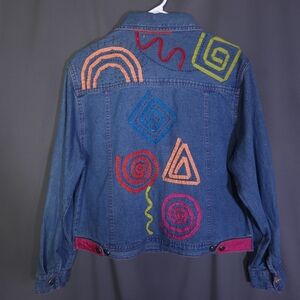 Vintage‎ 90s Tantrums Beaded Jean Jacket Size Medium 100% Cotton Geometric Artsy